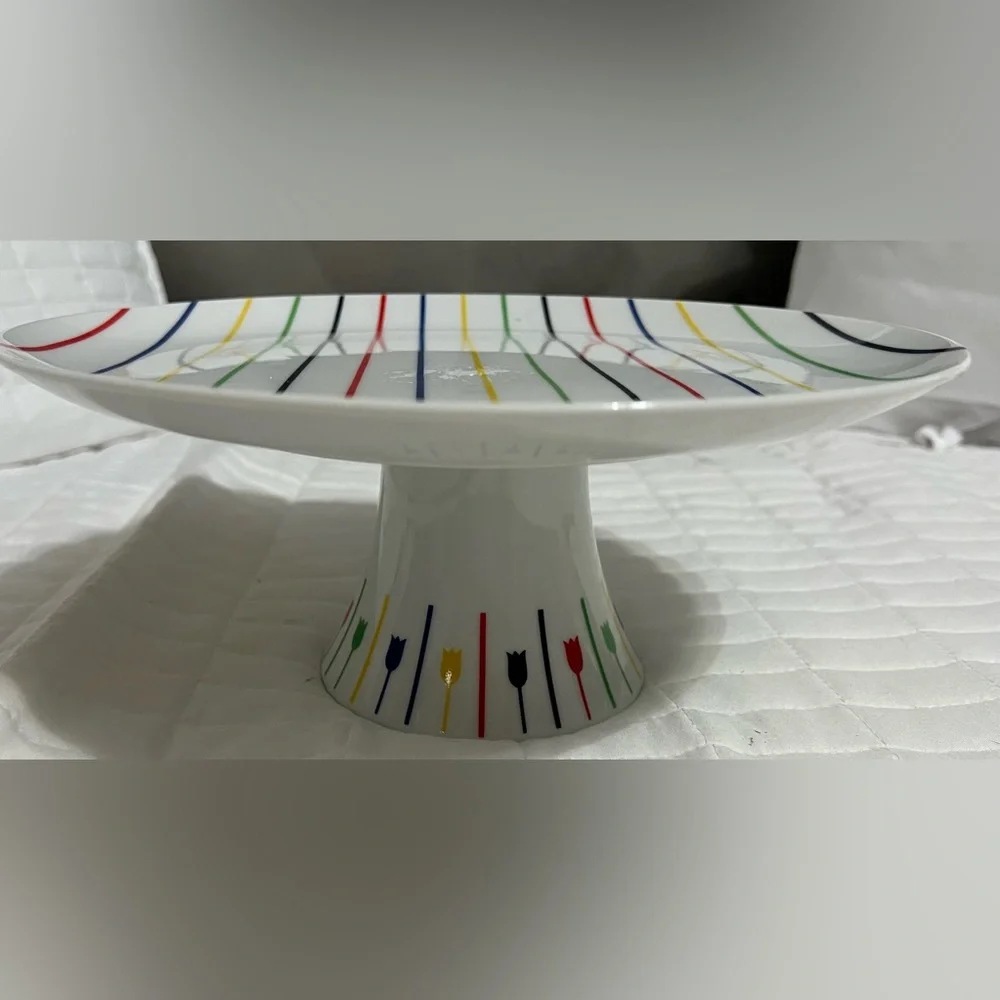 Georges Briard “Palette” multi-colored stripes with tulip patterns cake stand - Picture 3 of 8